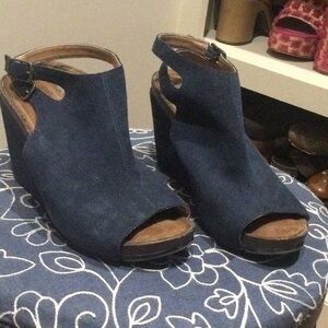 Women's Navy Blue Wedge Sandals - Open Toe Ankle Strap